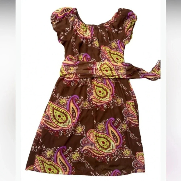 Jonathan Martin Dress Brown Green Floral Paisley Light off shoulder midi size 6 - Picture 2 of 11